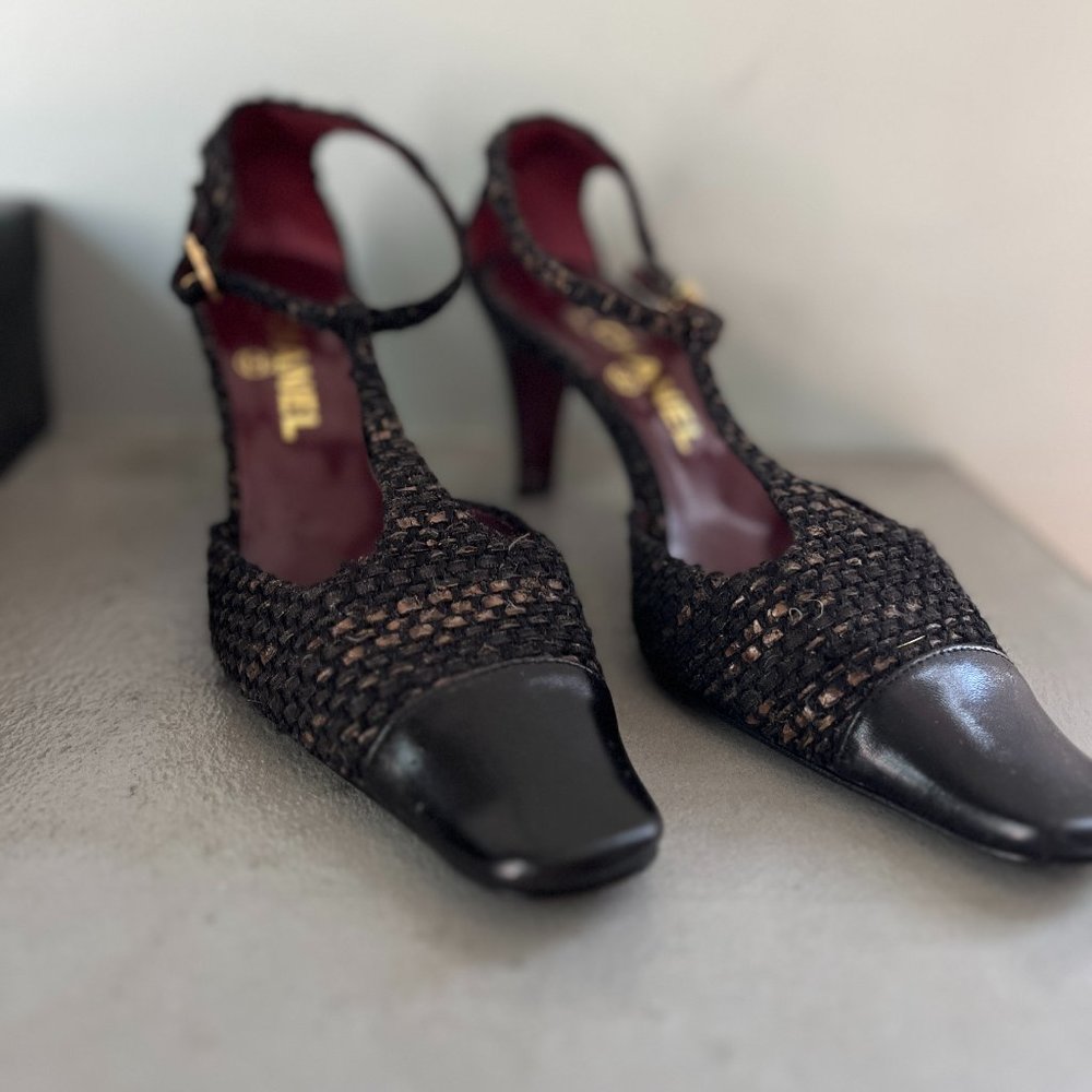 Chanel T Strap Tweed Heels